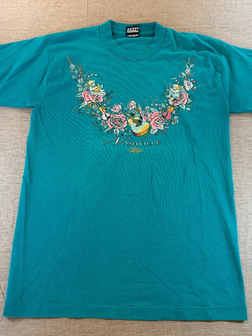 Vintage 90s Nashville Tennessee Floral Guitar Angels Teal T-shirt Women's Medium